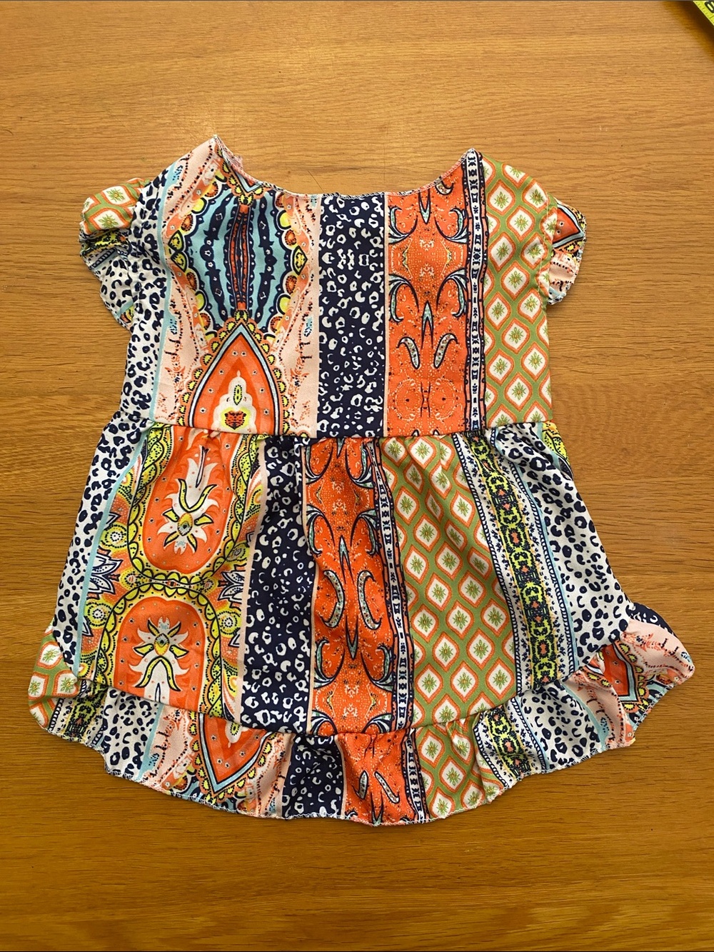 Patchwork Printed Ruffle-Hem Dog Dress in Orange, Navy & Cream
